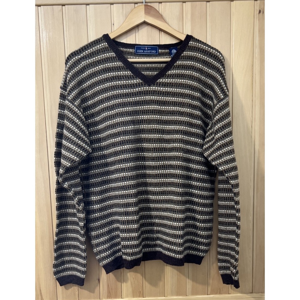 John Ashford Mens Brown Striped V-Neck 100% Lambswool Knit Sweater Large Vintage